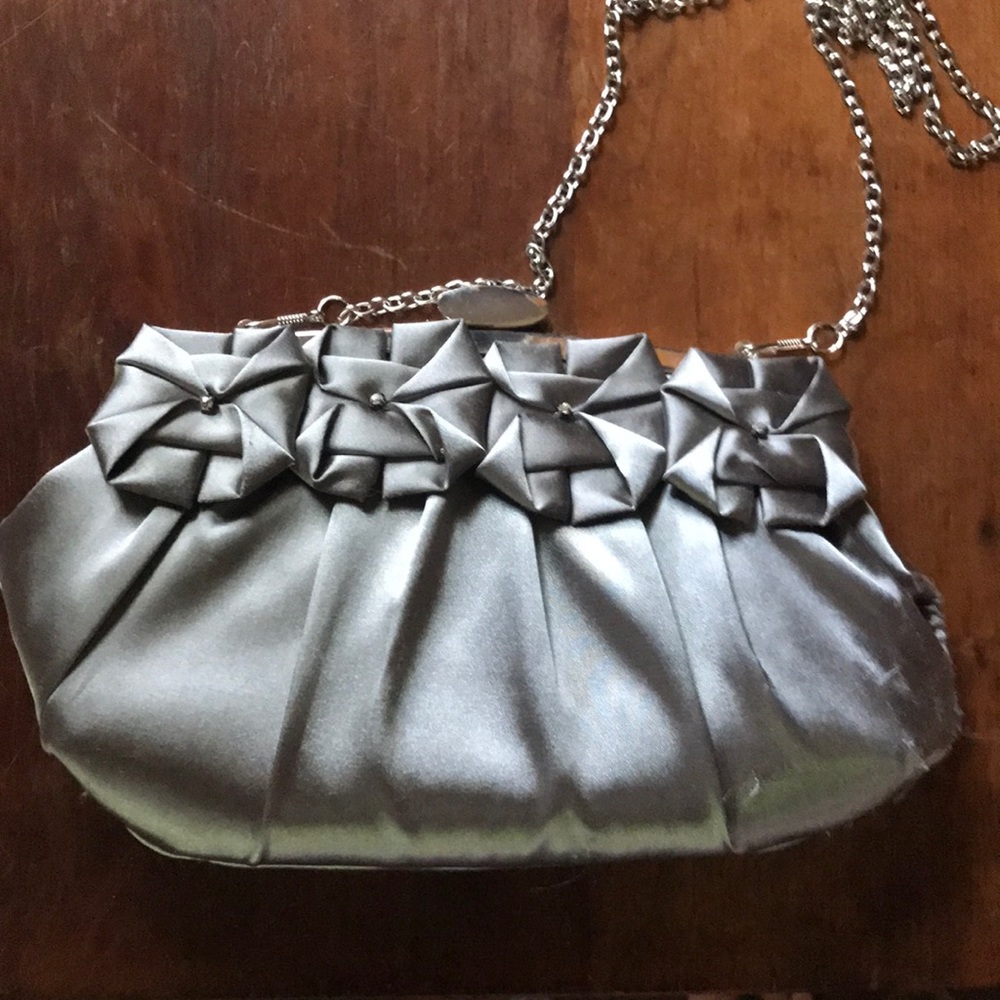 Pewter gray satin floral strap small dress purse
